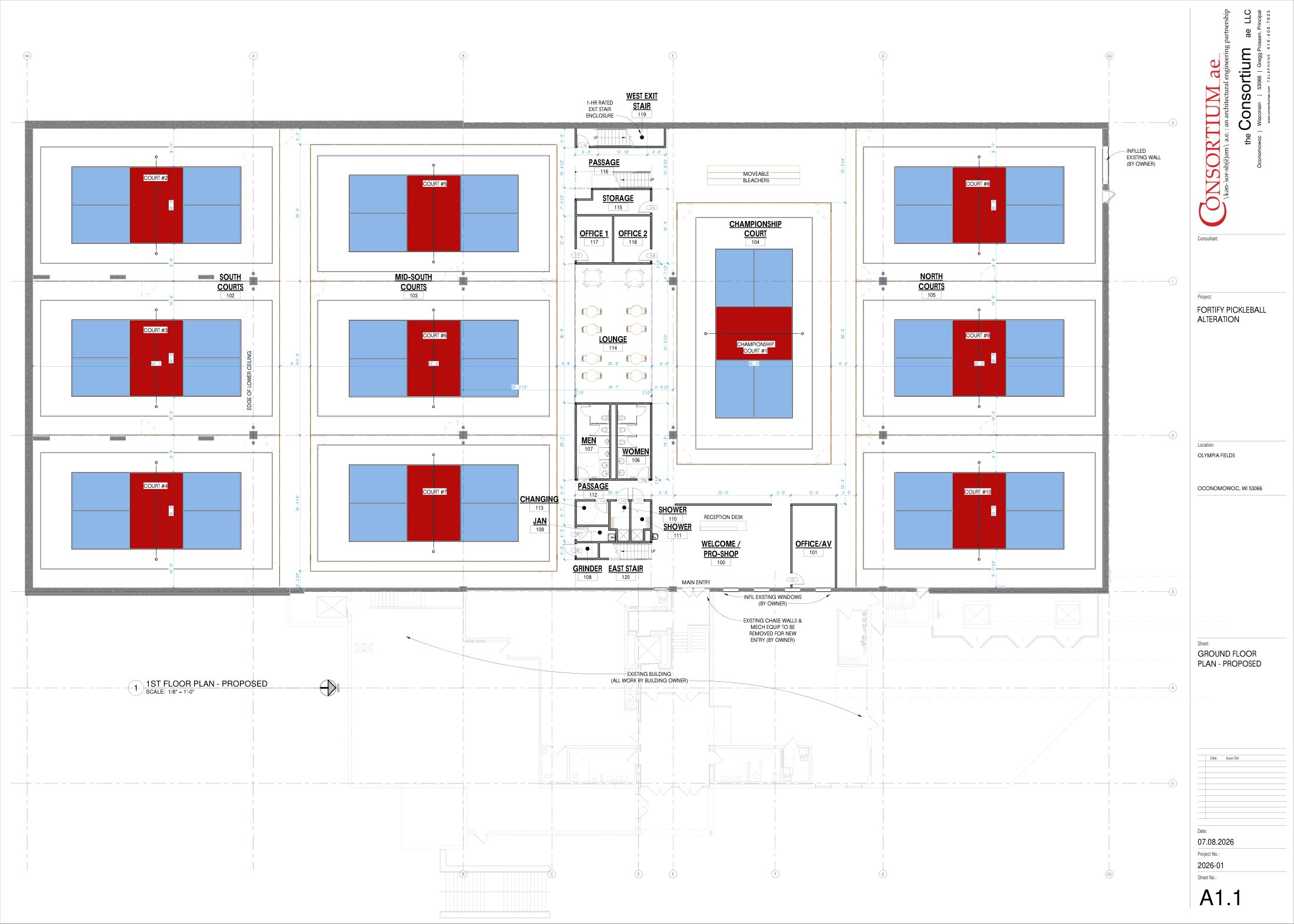 July 2026 progress set — proposed ground floor plan with ten courts, championship court, lounge and welcome desk (Sheet A1.1)